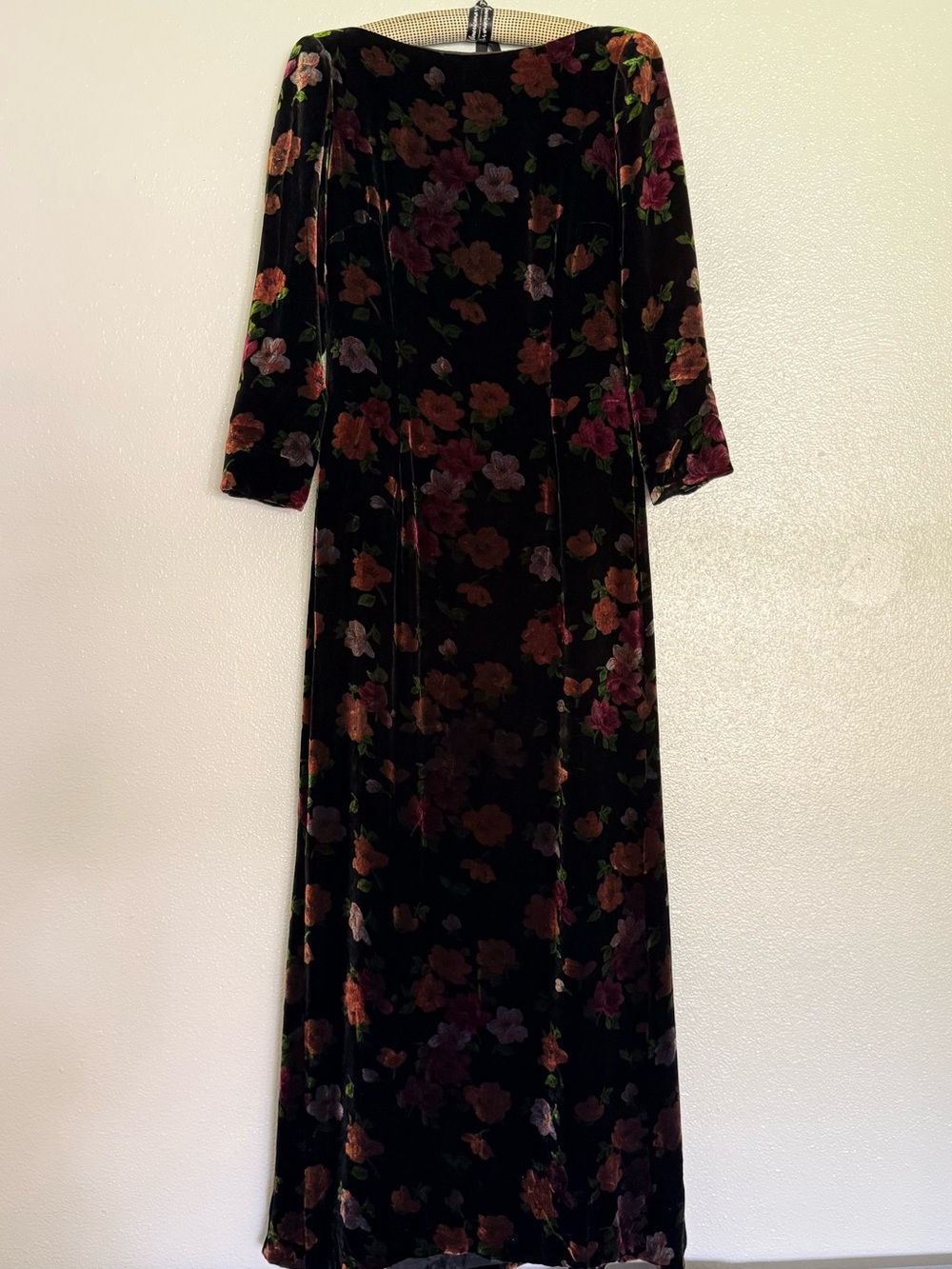 Vintage 90s Oscar De La Renta Black Velvet Floral Maxi Dress Gown size 6